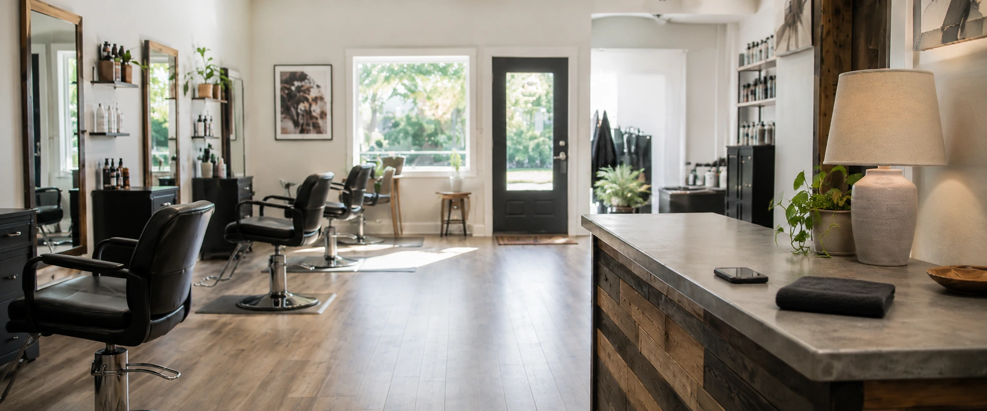Interior of a hair salon with styling chairs and a reception desk